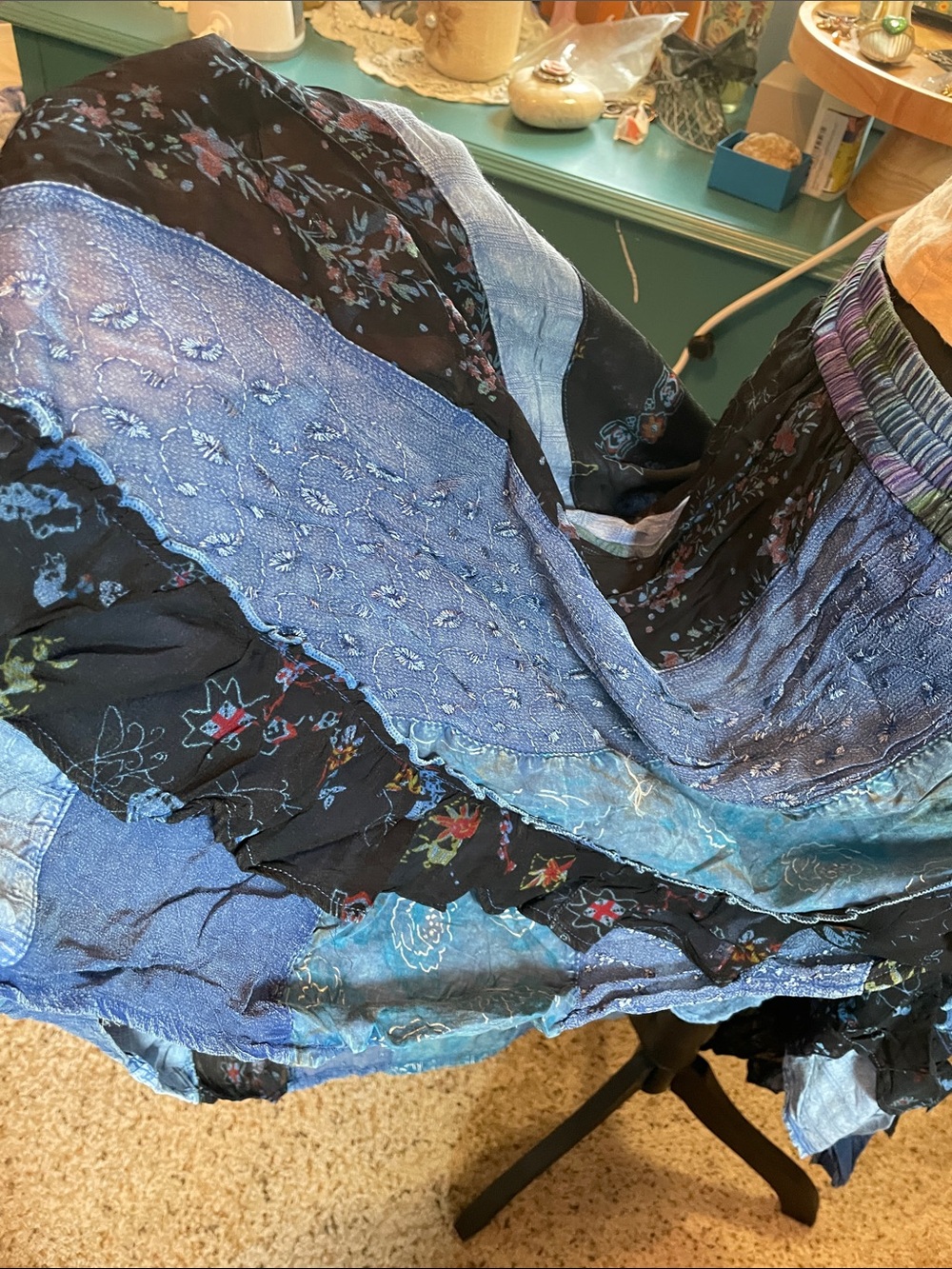 Boho Blue Patchwork Midi Skirt with Drawstring Waist Young Threads XL - Picture 12 of 16